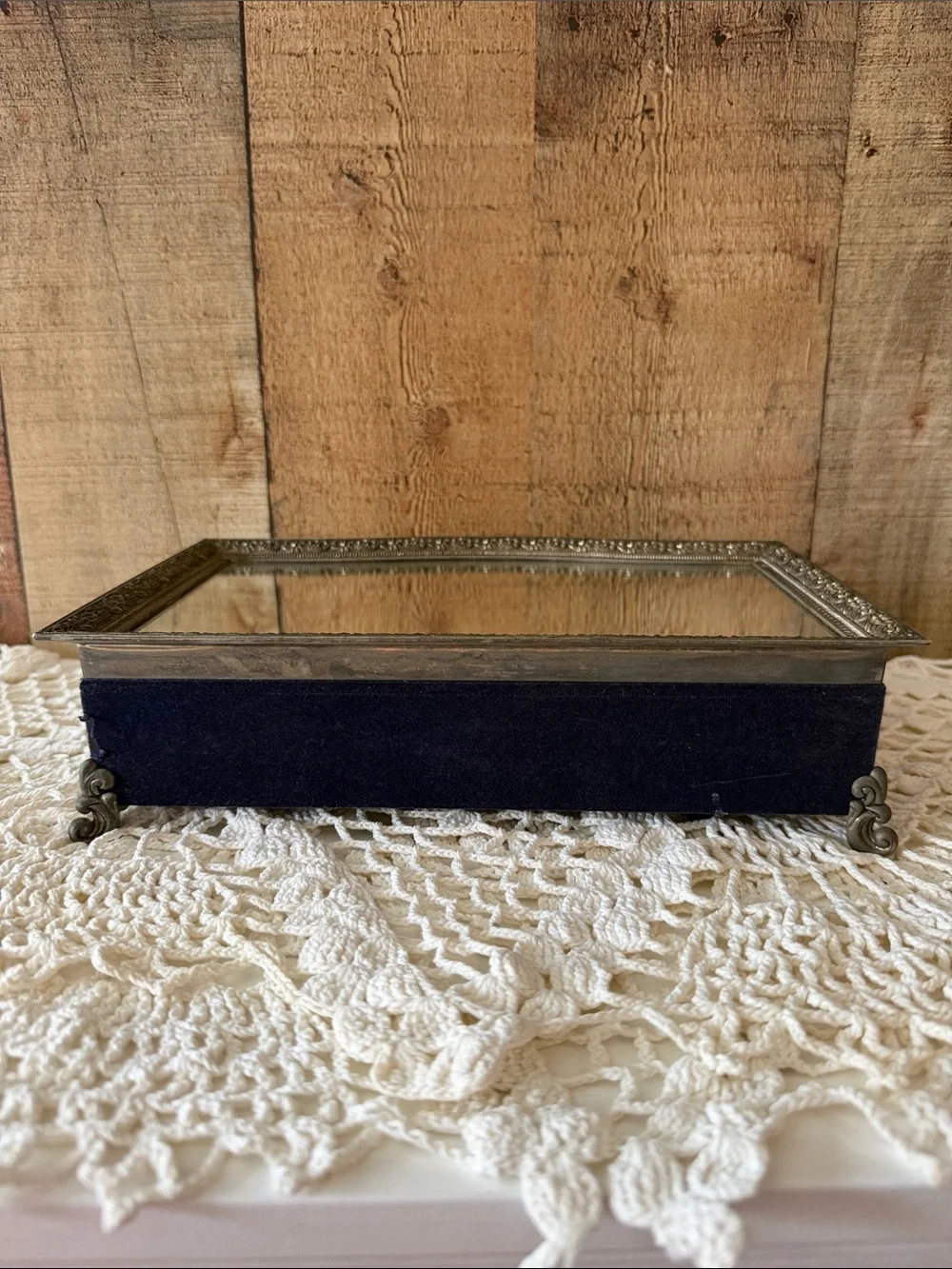 Vintage Velvet Jewelry Trinket Box with Mirrored Top - Navy